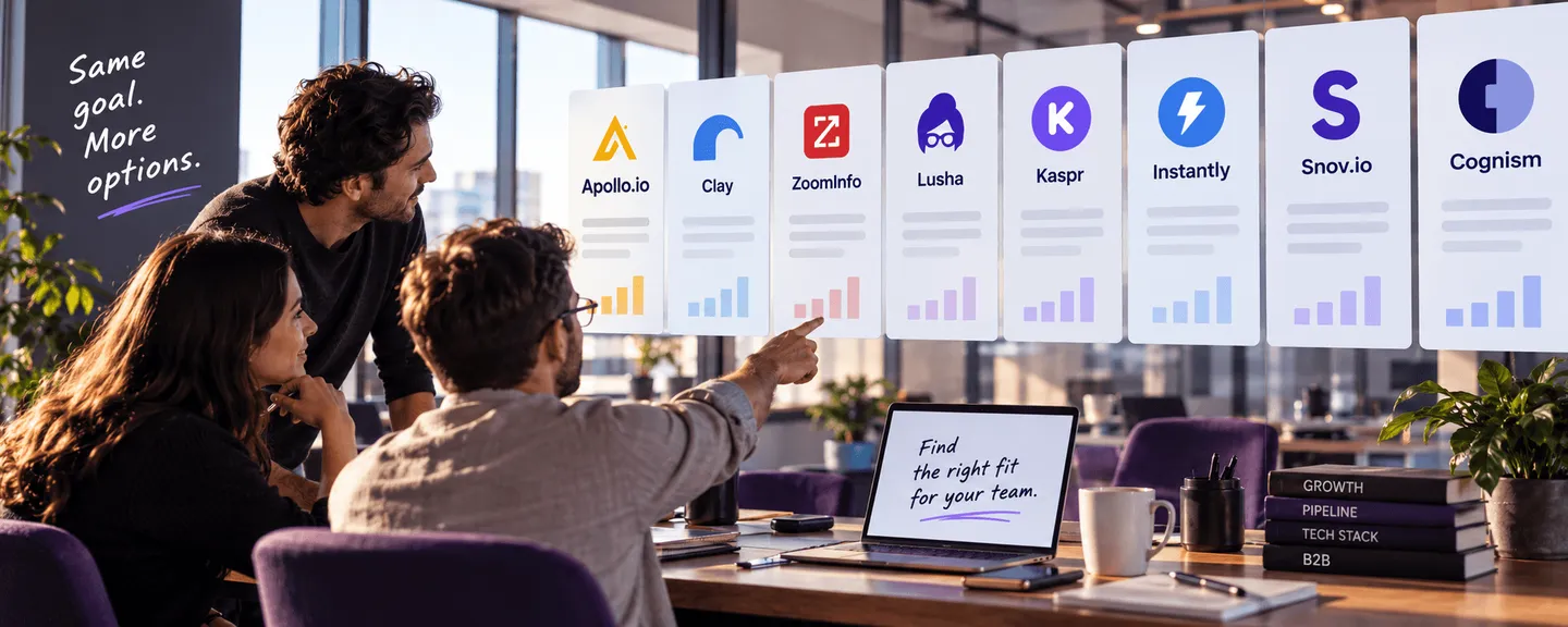 Sales team in an office comparing Apollo alternatives shown as cards: Apollo.io, Clay, ZoomInfo, Lusha, Kaspr, Instantly, Snov.io and Cognism