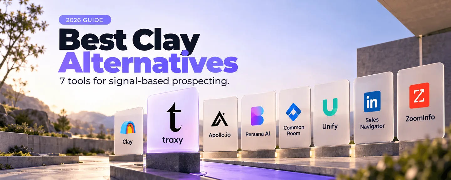 Best Clay Alternatives 2026 guide: 7 tools for signal-based prospecting, shown as Clay, traxy, Apollo.io, Persana AI, Common Room, Unify and more