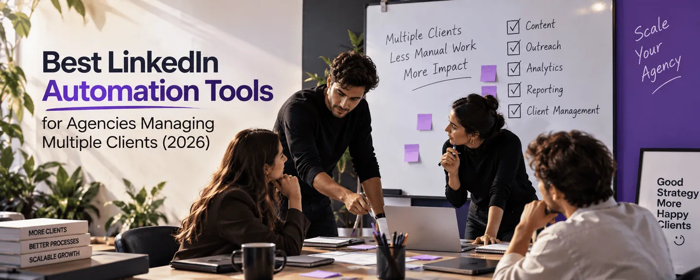 Agency team at a whiteboard checklist of content, outreach, analytics, reporting and client management, under the title Best LinkedIn Automation Tools