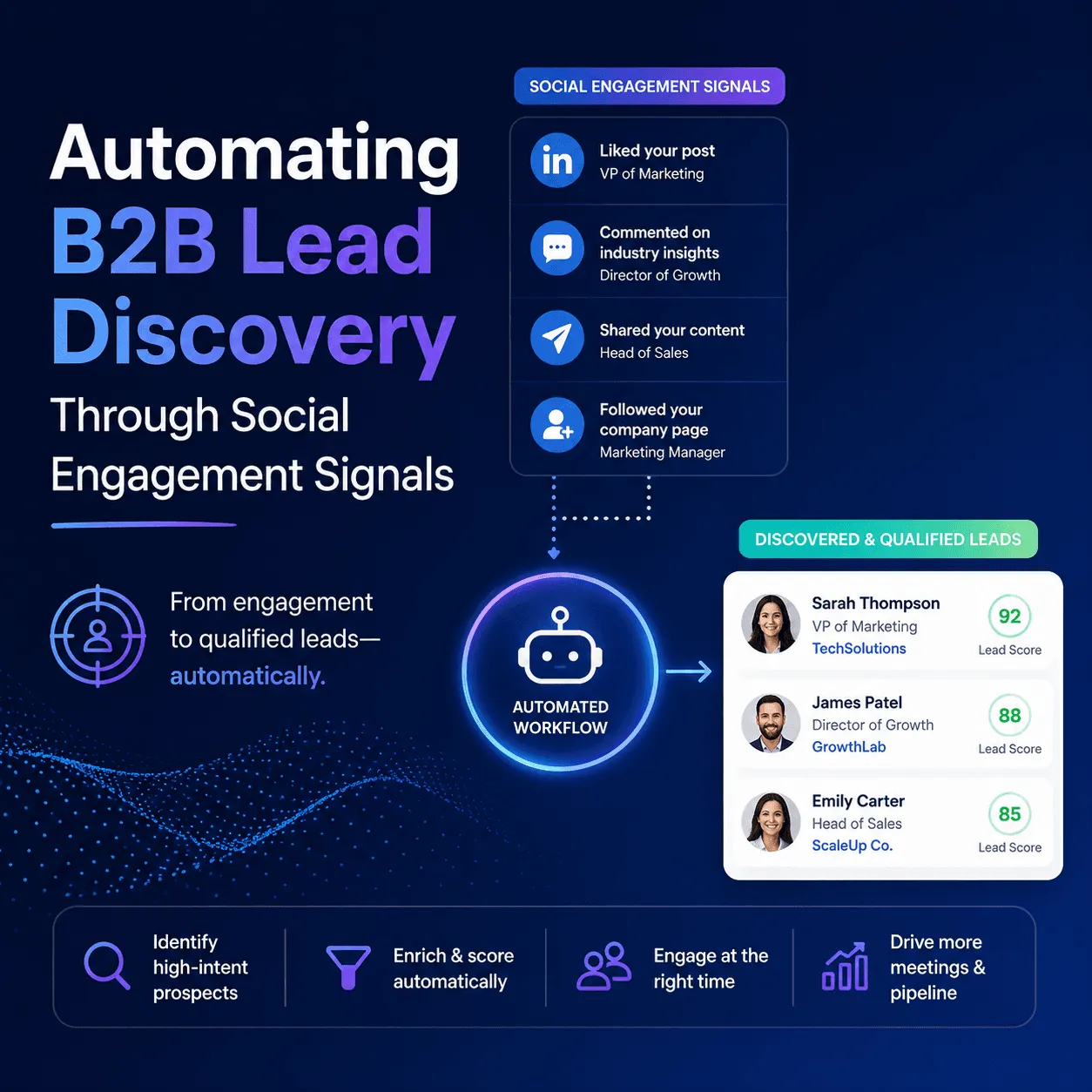 Infographic: LinkedIn likes, comments, shares and follows feed an automated workflow that outputs qualified leads scored 92, 88 and 85