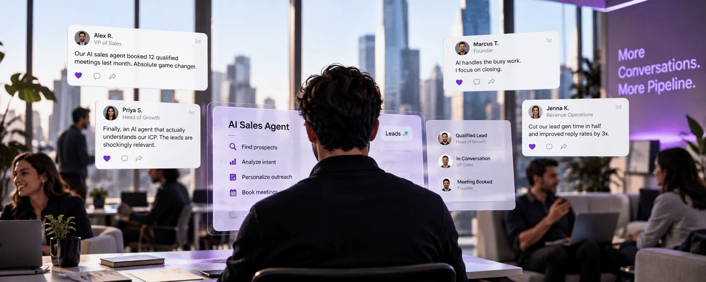 Person at a desk with an AI sales agent panel (find prospects, analyze intent, personalize outreach, book meetings) and customer quotes around it