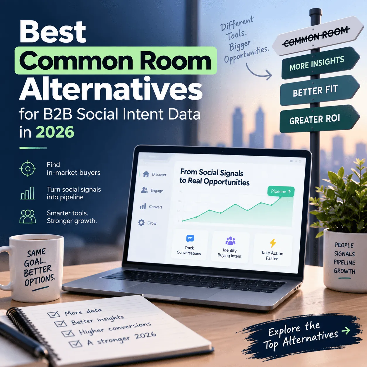 Cover for Best Common Room Alternatives for B2B Social Intent Data in 2026: a laptop dashboard charting social signals turning into pipeline