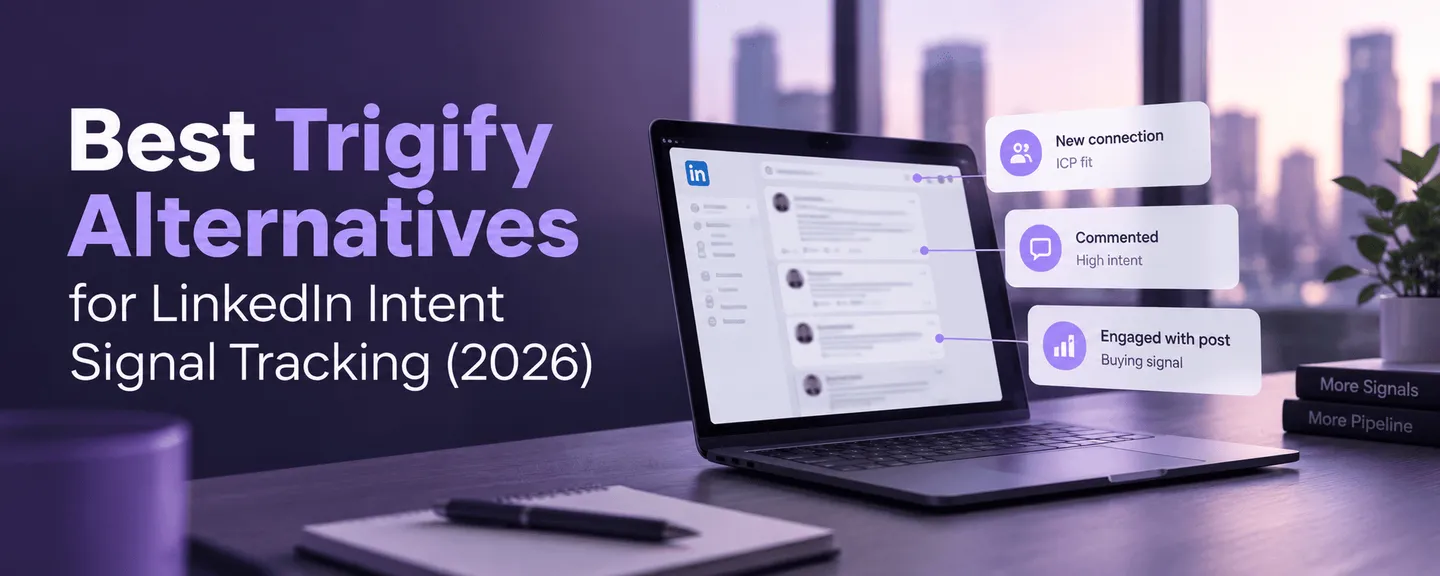 Laptop showing a LinkedIn feed tagged with new connection, comment and post engagement signals, titled Best Trigify Alternatives (2026)