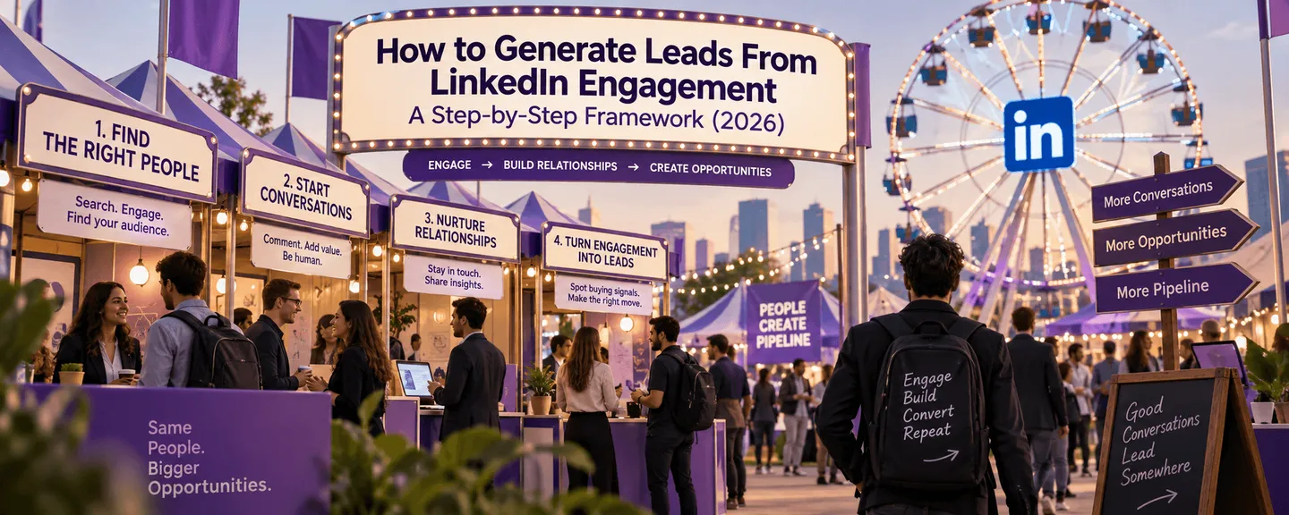 Fair-style illustration of a LinkedIn lead framework: find the right people, start conversations, nurture relationships, turn engagement into leads