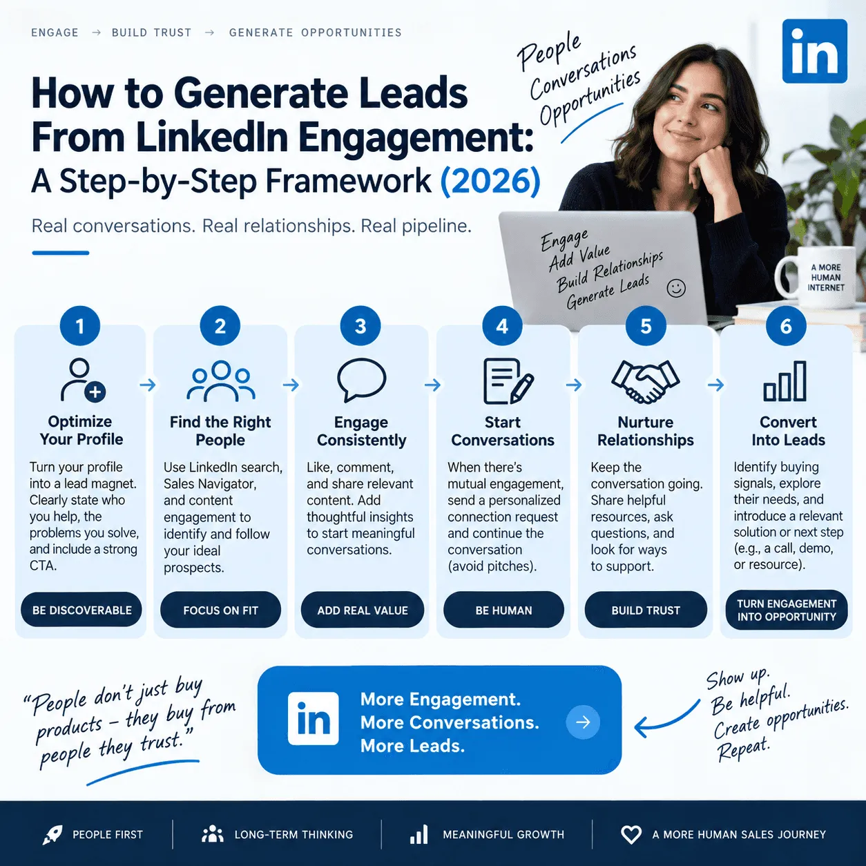 Six-step LinkedIn lead framework: optimize your profile, find the right people, engage consistently, start conversations, nurture, convert into leads