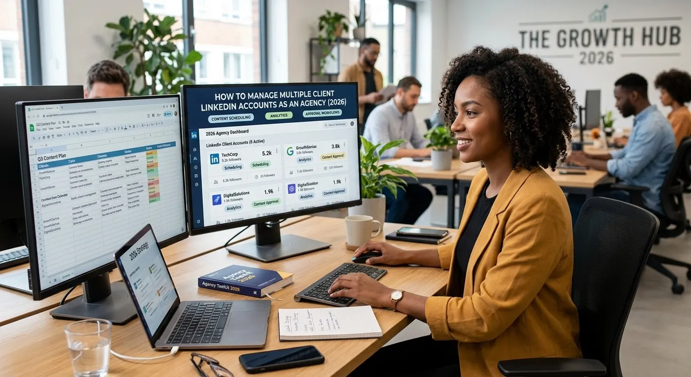 Woman at a desk with monitors showing an agency dashboard of client LinkedIn accounts and a content calendar spreadsheet