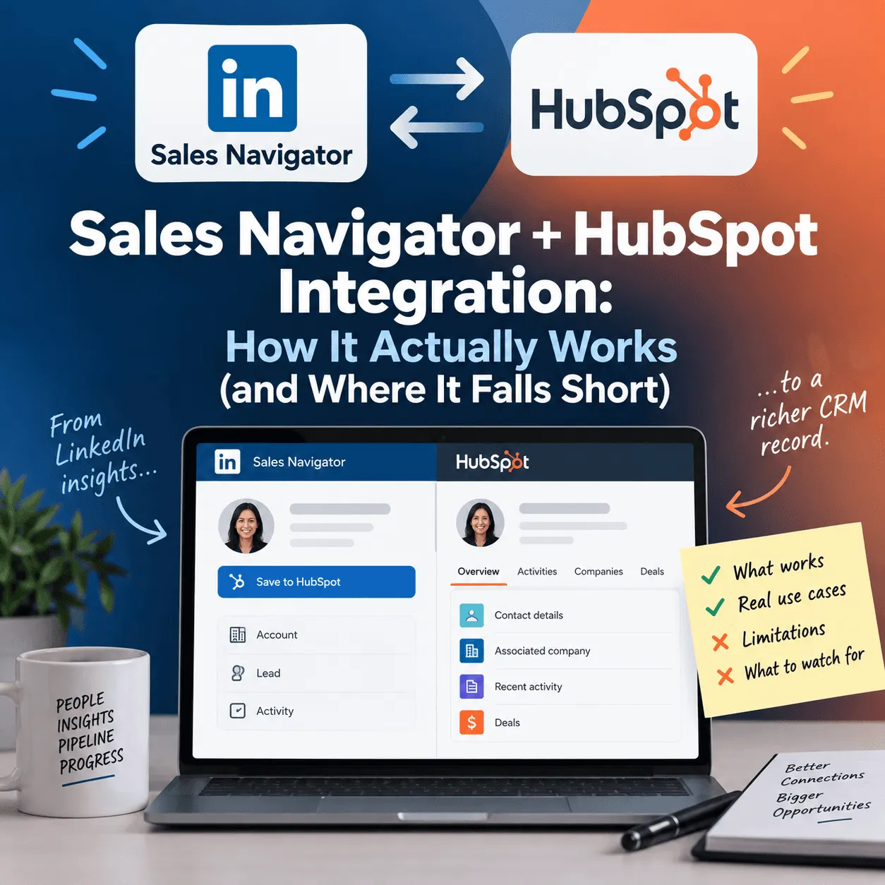 Sales Navigator and HubSpot logos above a laptop showing a lead saved from Sales Navigator into a HubSpot contact record