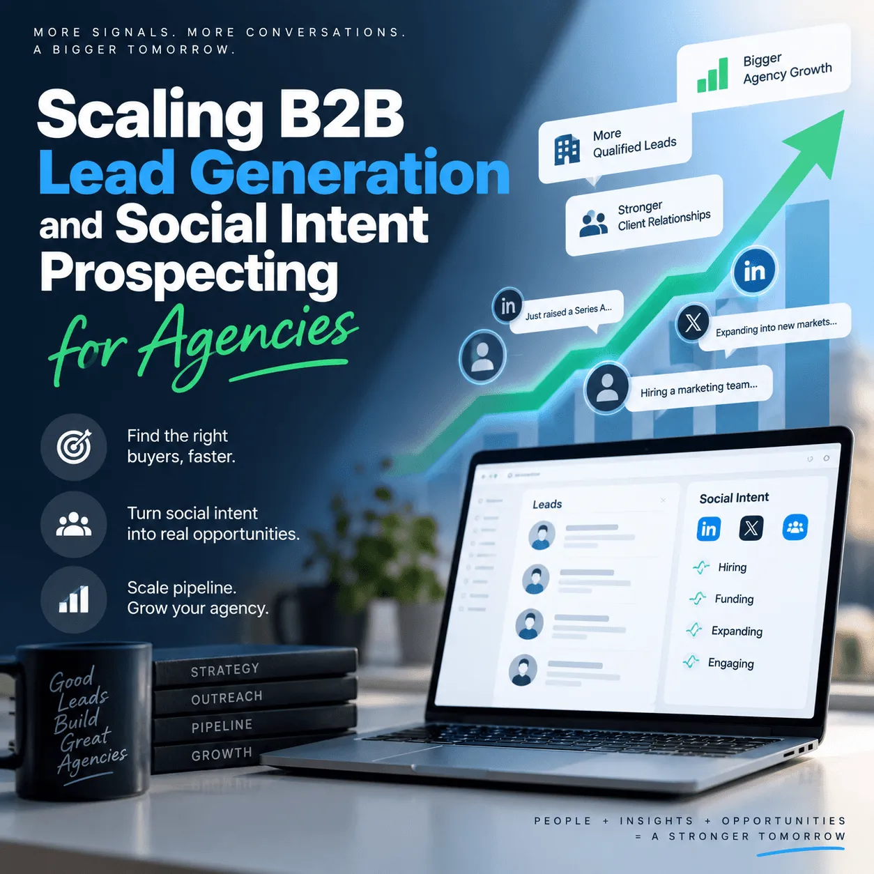 Cover for Scaling B2B Lead Generation and Social Intent Prospecting for Agencies: a laptop listing leads with hiring, funding and expansion signals
