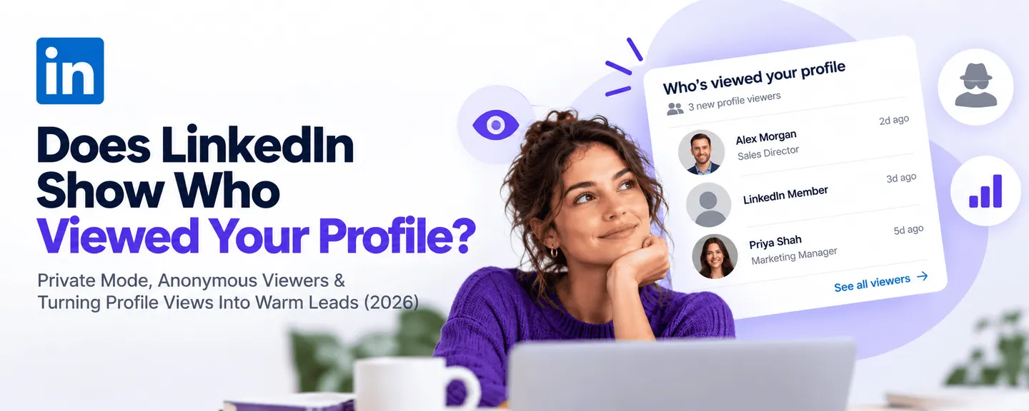Woman thinking beside a LinkedIn Who viewed your profile panel with three recent viewers, one shown only as LinkedIn Member