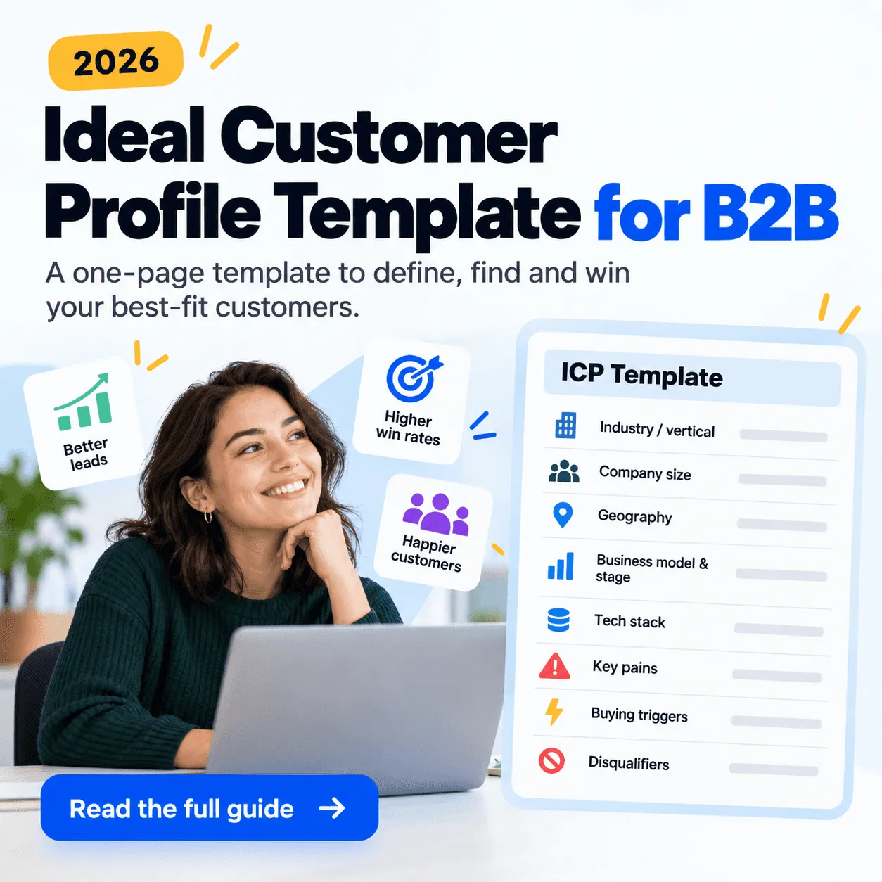 Ideal Customer Profile Template for B2B: industry, company size, geography, business model, tech stack, key pains, buying triggers and disqualifiers