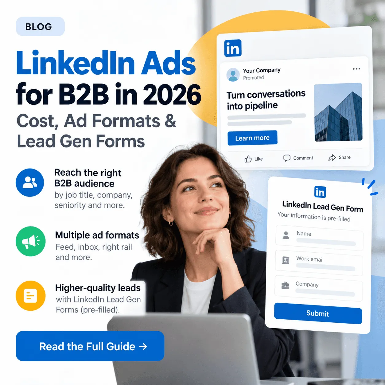 Cover for LinkedIn Ads for B2B in 2026, on cost, ad formats and lead gen forms, with a promoted post and a pre-filled LinkedIn lead gen form