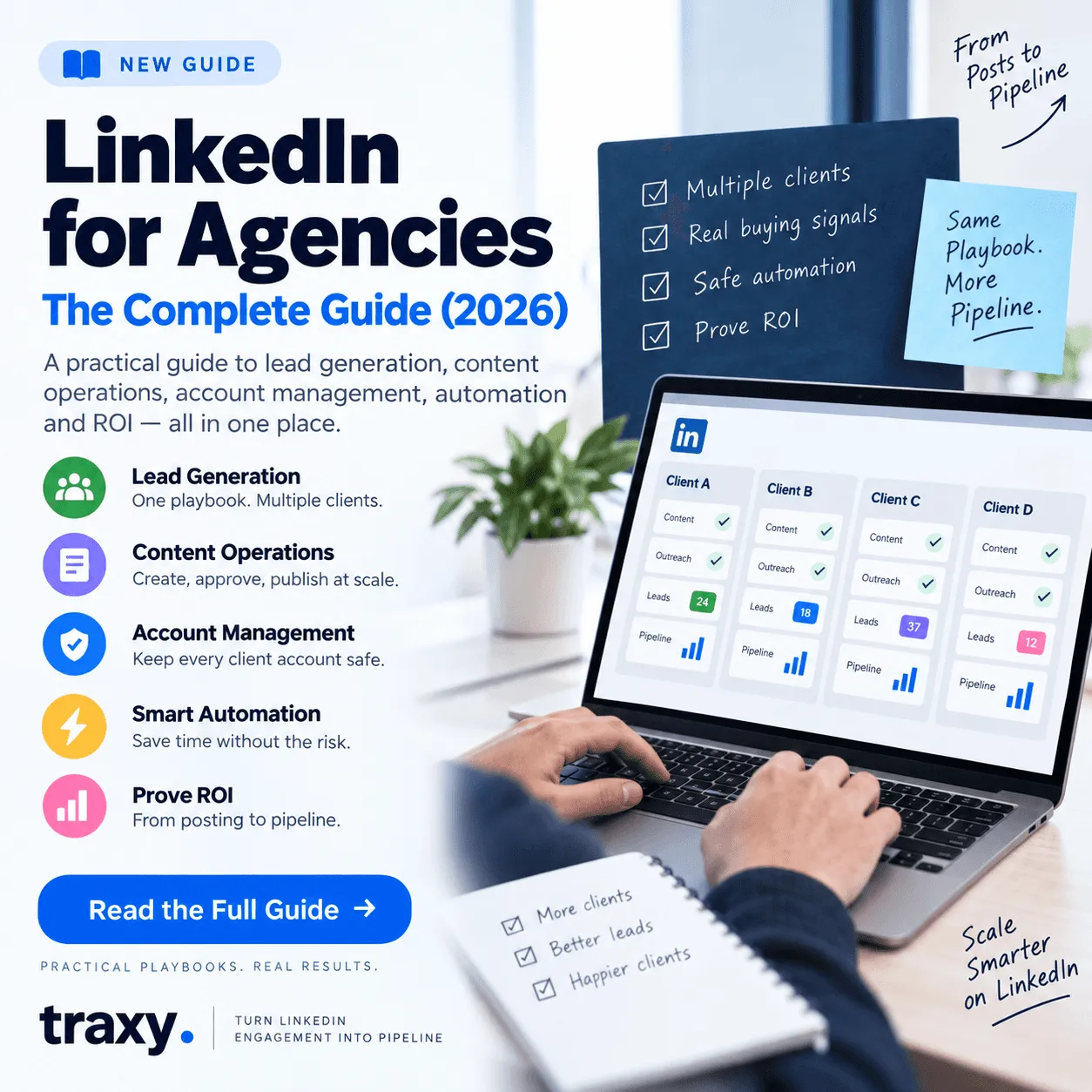 Cover for LinkedIn for Agencies, The Complete Guide (2026): a laptop dashboard tracking content, outreach, leads and pipeline for four clients