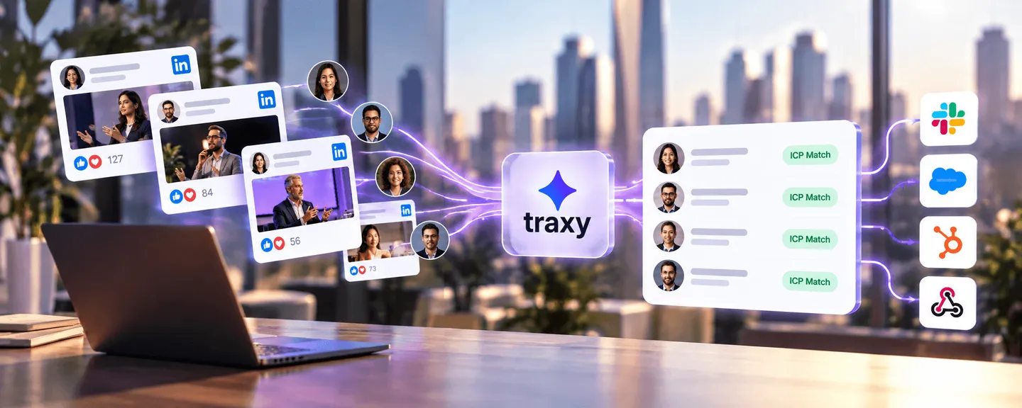 Diagram: engagement on LinkedIn posts flows into traxy, which marks ICP-matched people and sends them to Slack, Salesforce, HubSpot and webhooks