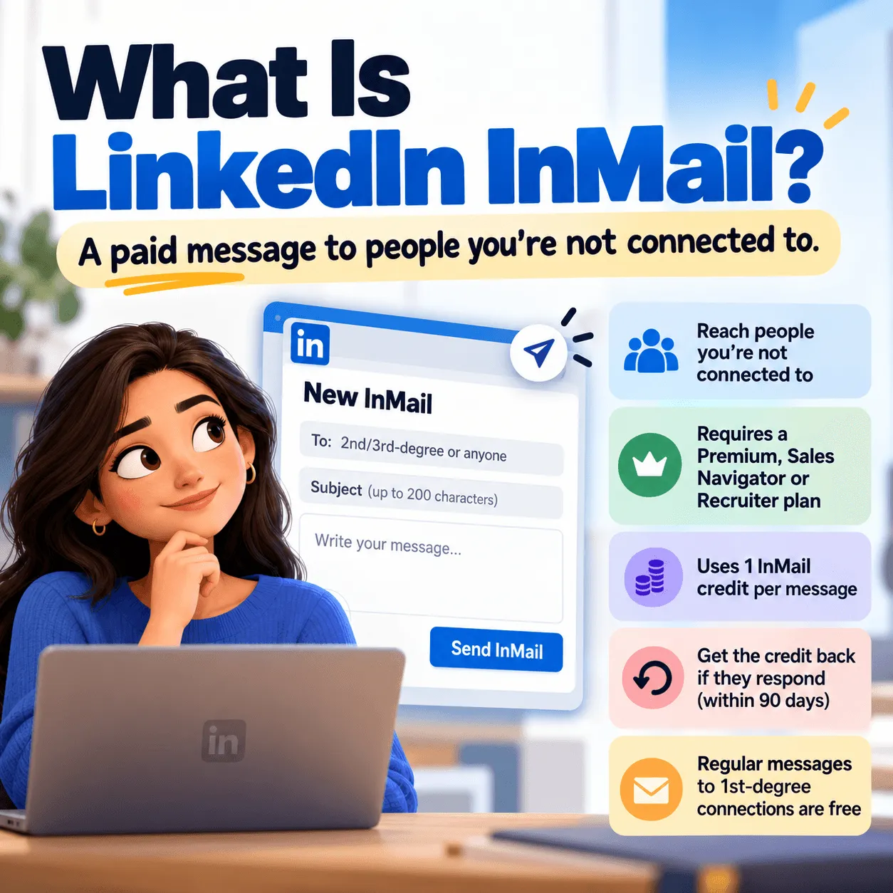 Infographic: LinkedIn InMail is a paid message to people outside your network, needs a paid plan, uses 1 credit, refunded if they reply within 90 days