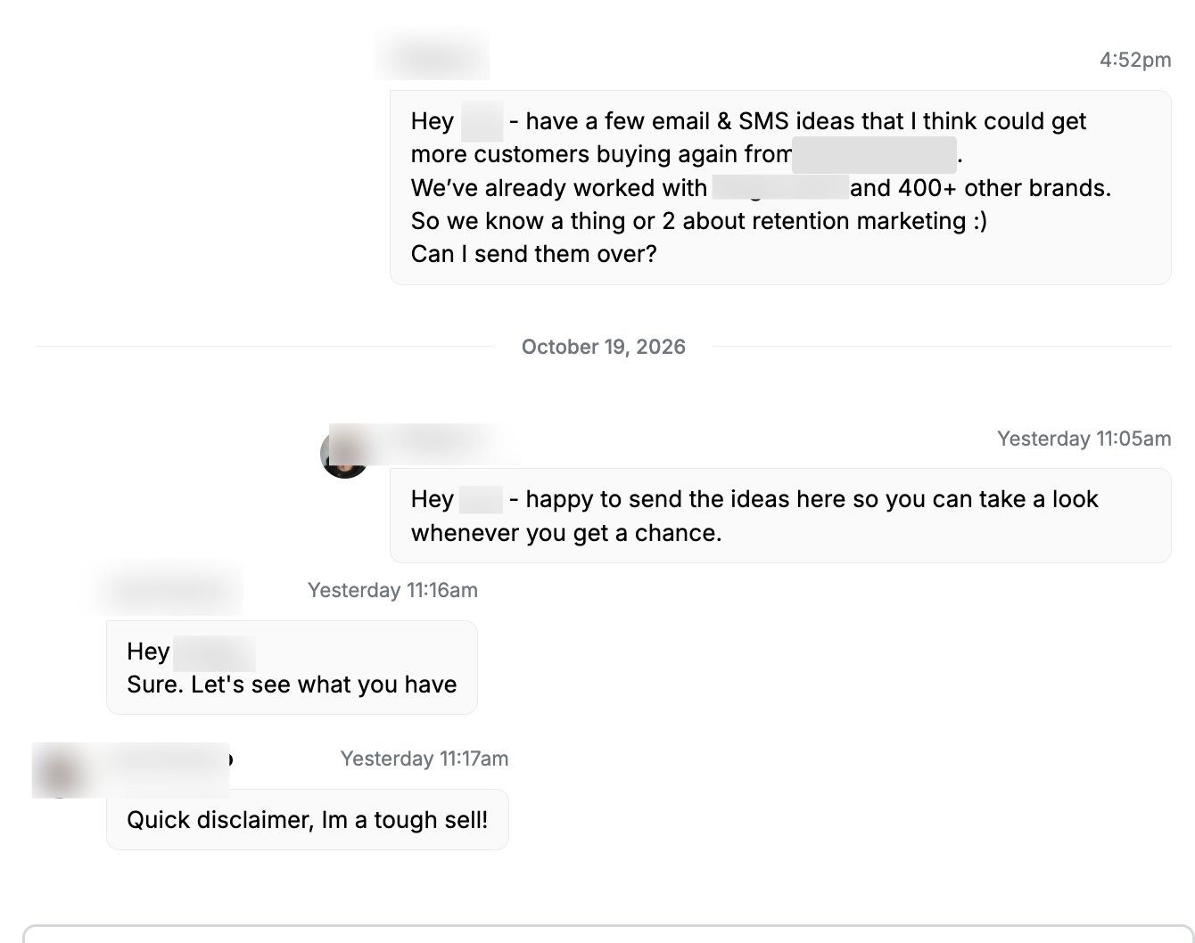 A LinkedIn conversation where an agency sends a few email and SMS ideas to a store and offers to send them over, the lead replies "Sure. Let's see what you have" and adds "Quick disclaimer, Im a tough sell!". Names are blurred.