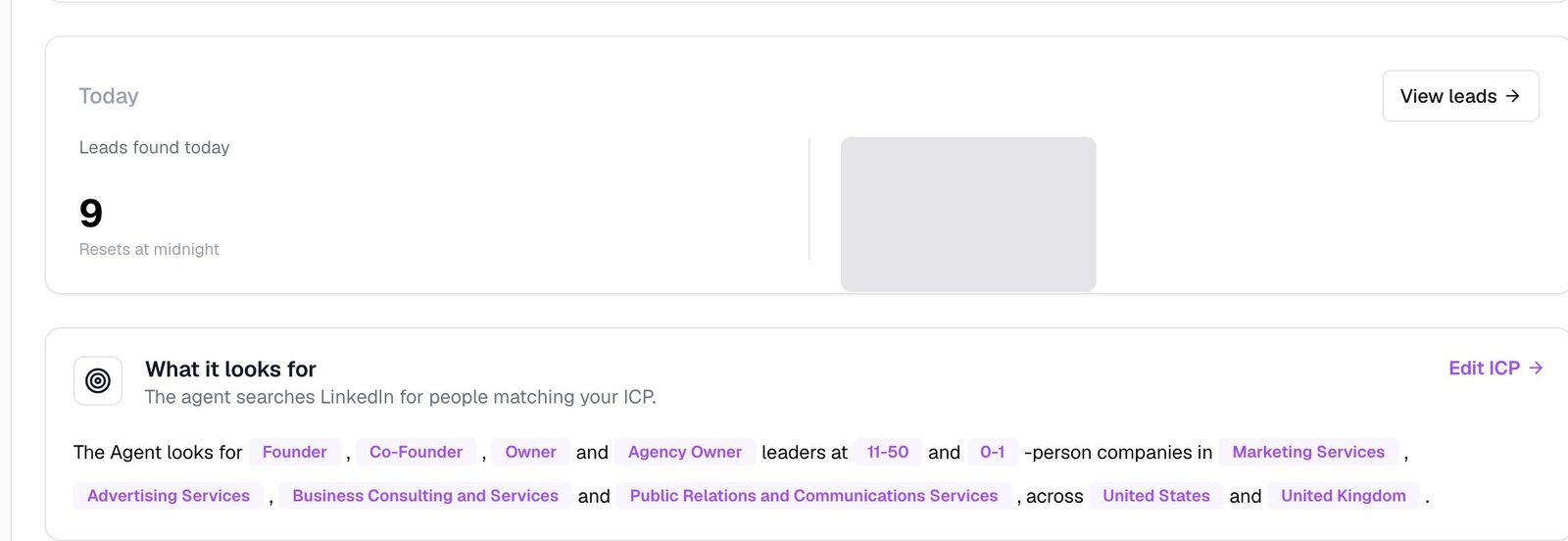 traxy agent page showing leads found today and a "What it looks for" summary: Founder, Co-Founder, Owner and Agency Owner leaders at 11-50 and 0-1 person companies in marketing, advertising, consulting and PR services across the United States and United Kingdom