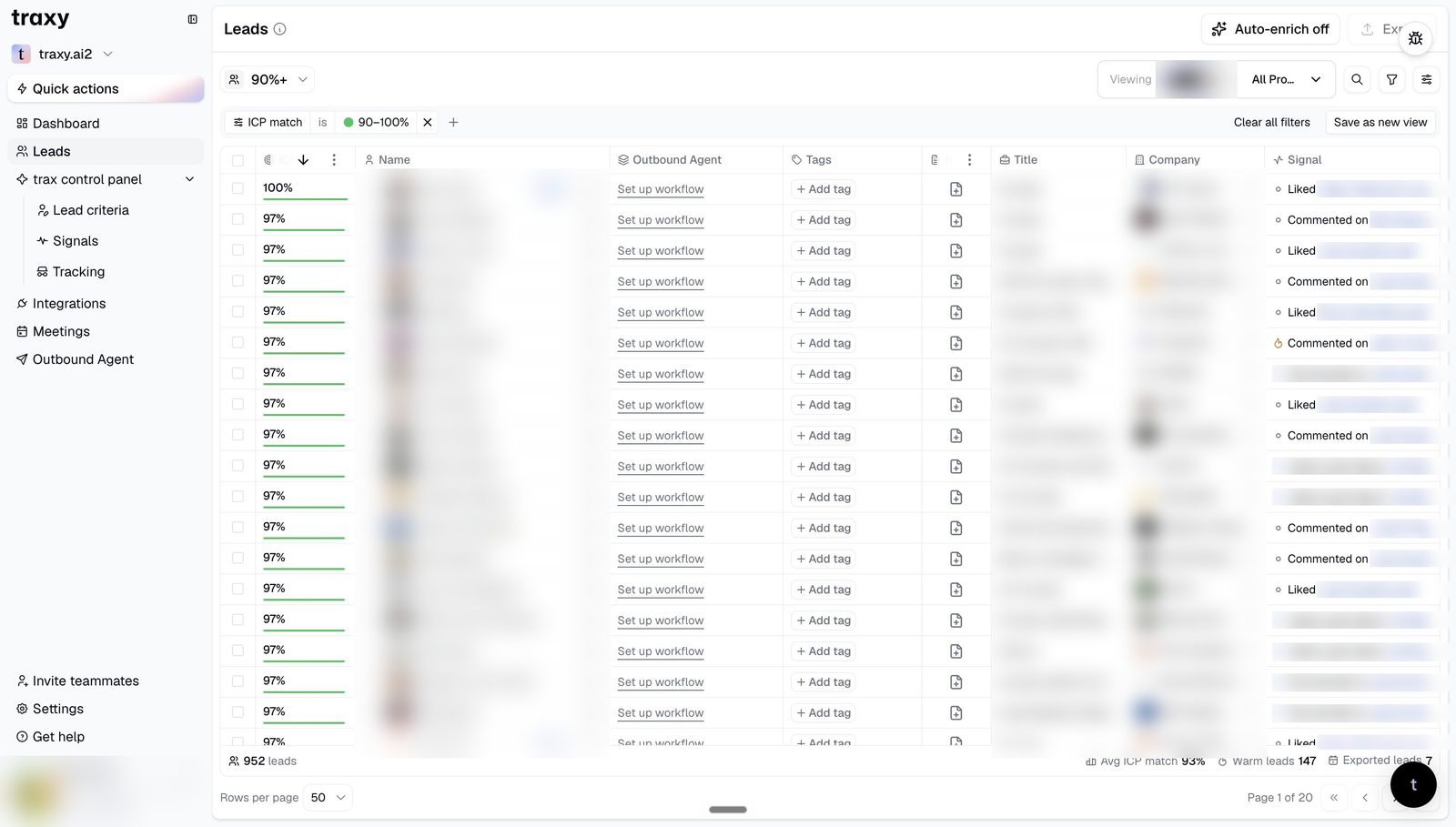 traxy Leads table filtered to 90 to 100 percent ICP match, with the lead name, title, company and Signal columns blurred for privacy
