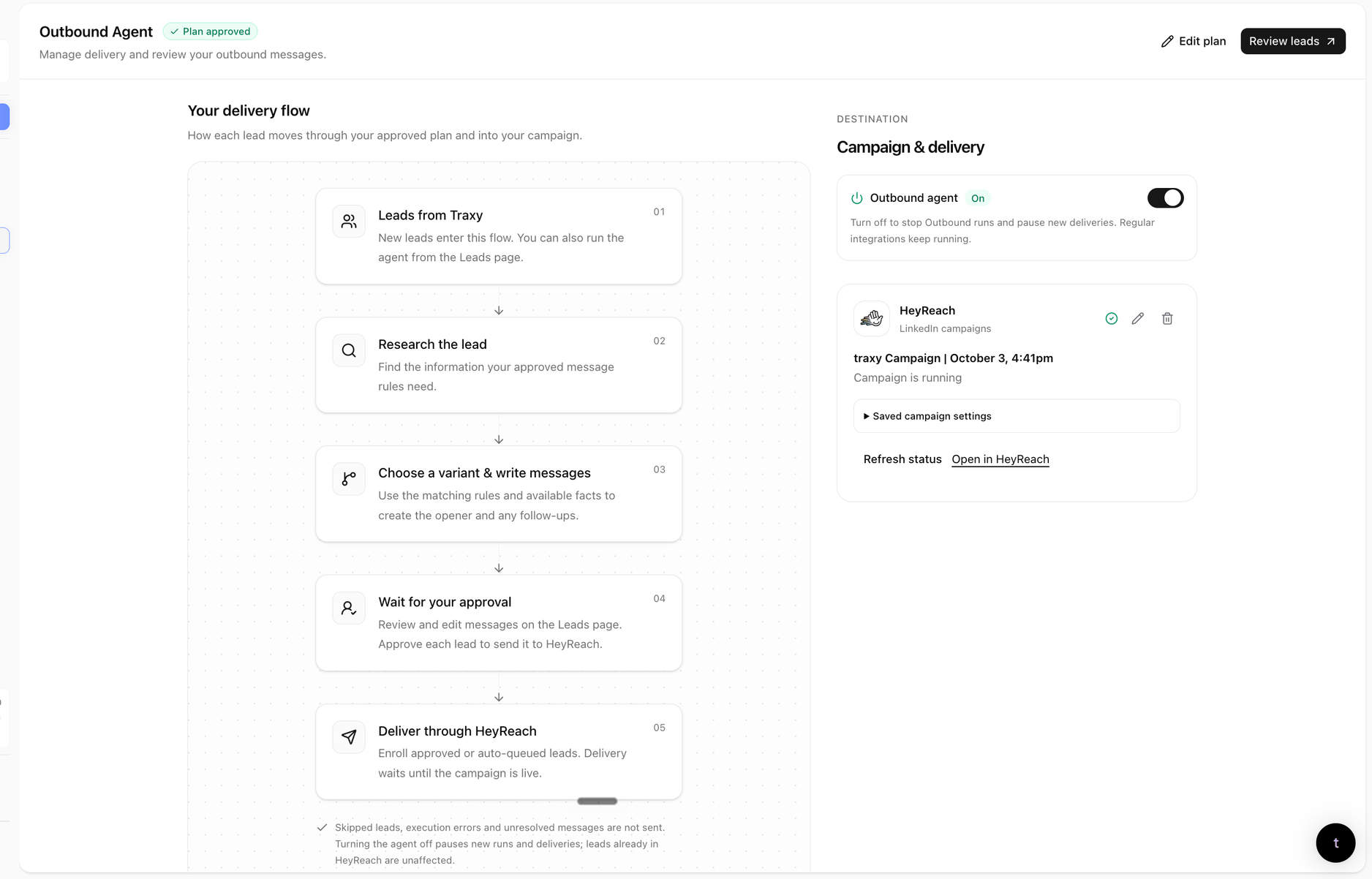 traxy Outbound Agent workflow and message variants