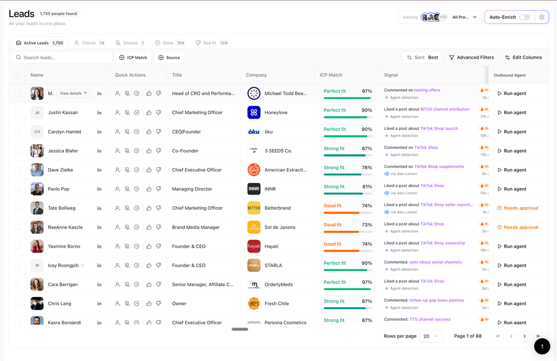 traxy lead list with ICP fit, engagement signals and Outbound Agent approval status