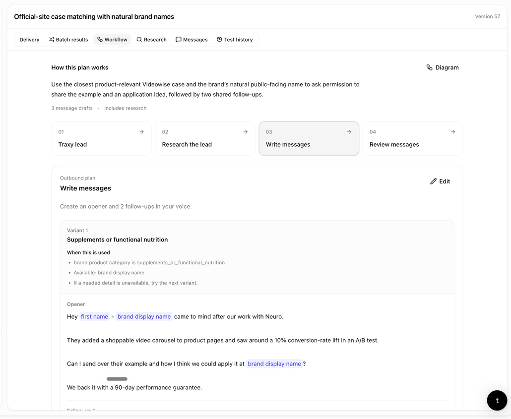 traxy message variant with matching rules, personalization fields and an opener
