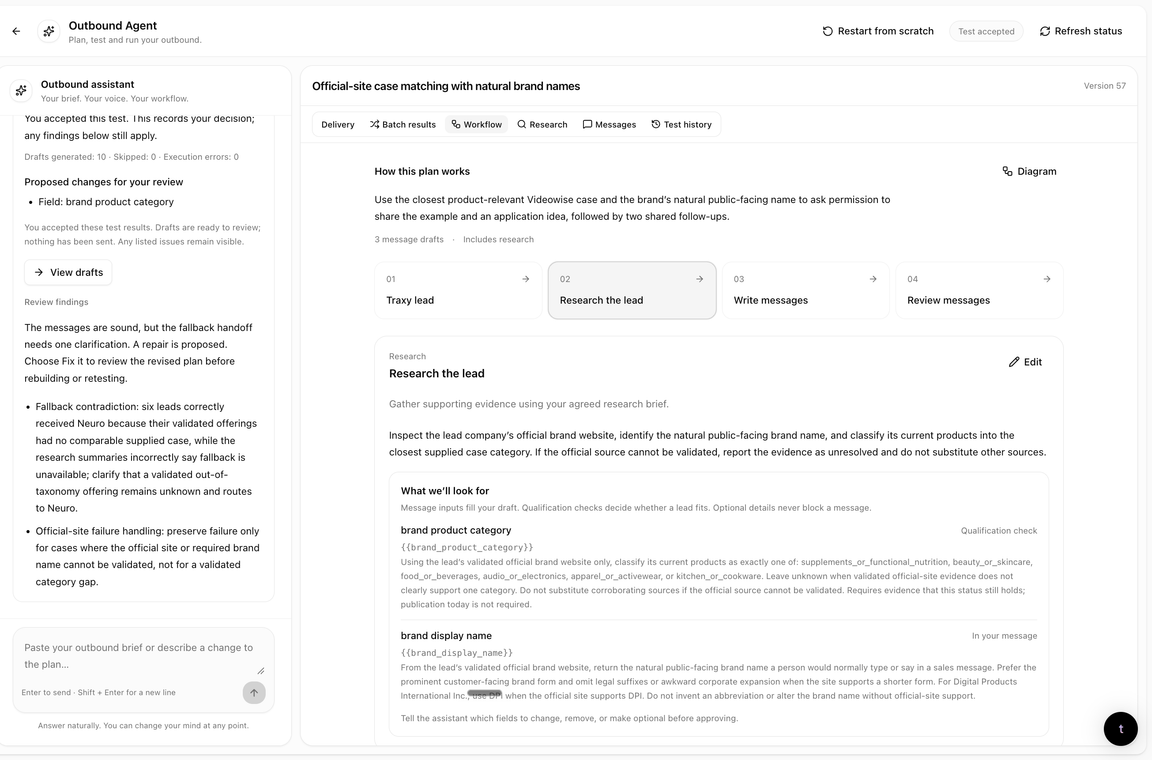 traxy research step showing qualification checks and message input fields