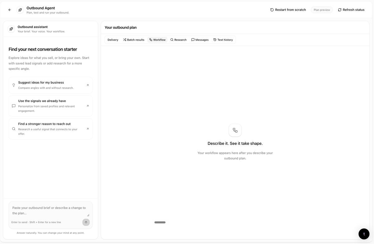 traxy Outbound Agent setup with conversation starters and a field for the outbound brief