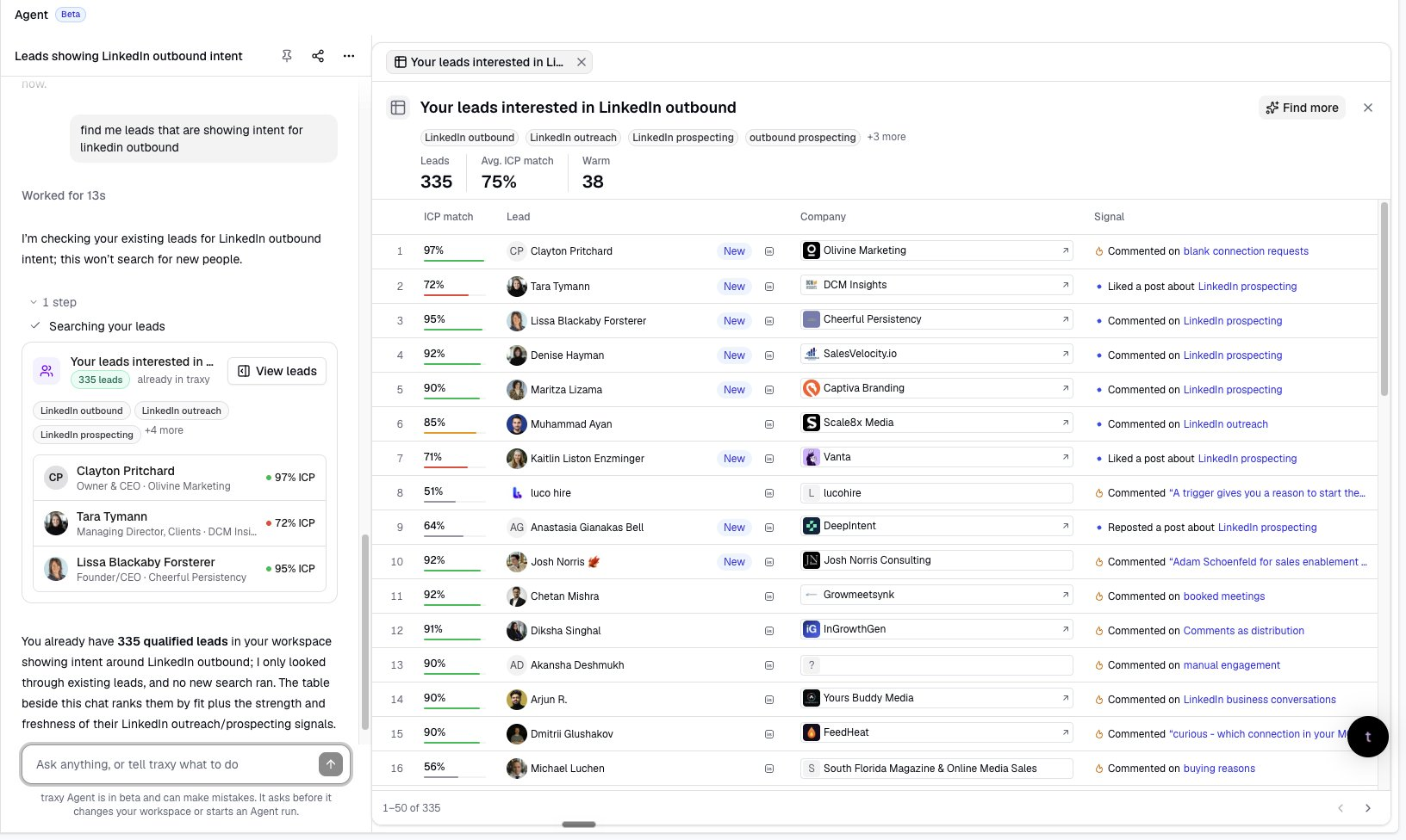 traxy Agent reviewing LinkedIn outbound social signals in existing workspace leads, with ICP fit, companies and engagement context.